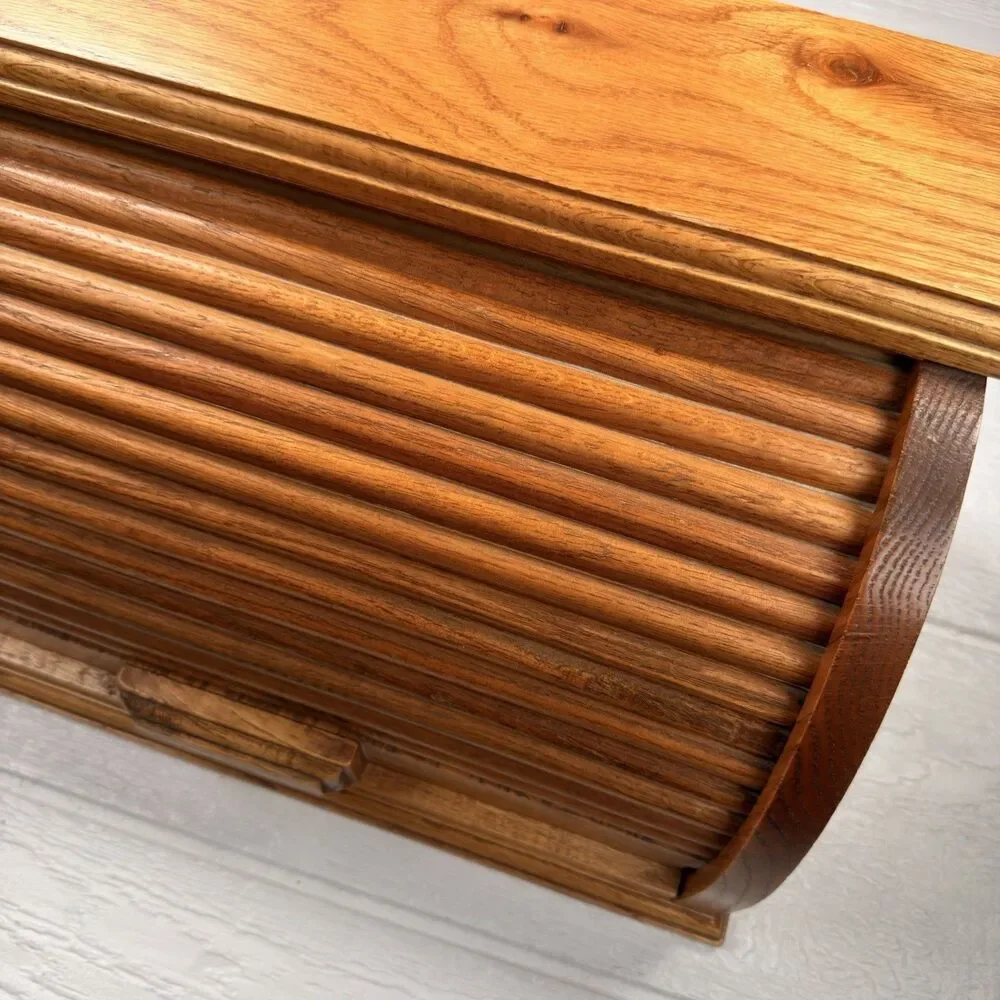 Vintage Solid Oak Roll Top Bread Box Tambour Door Farmhouse Kitchen Storage